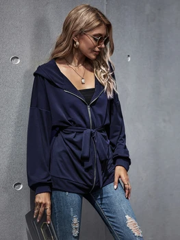 

Fashion Women Solid Color Cardigan Autumn and Winter Bat Sleeve Lace-up Sport Hooded Coat Cool Work Warm Strap Sportswear