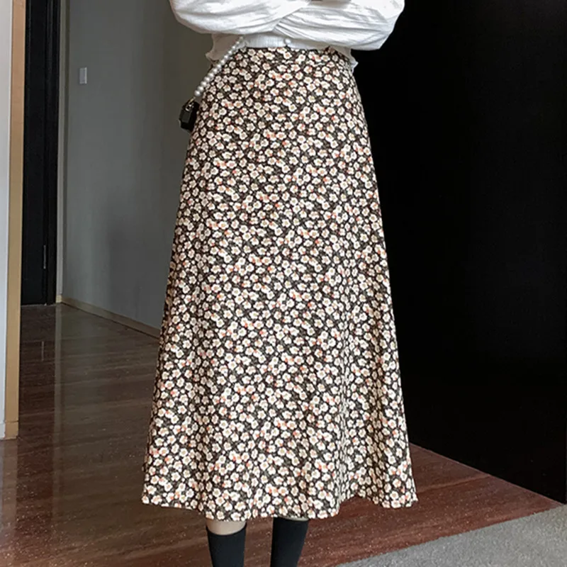 

Юбка женская трапециевидная до середины икры, винтажная Повседневная Уличная одежда в Корейском стиле, с завышенной талией и цветочным принтом, Осень-зима