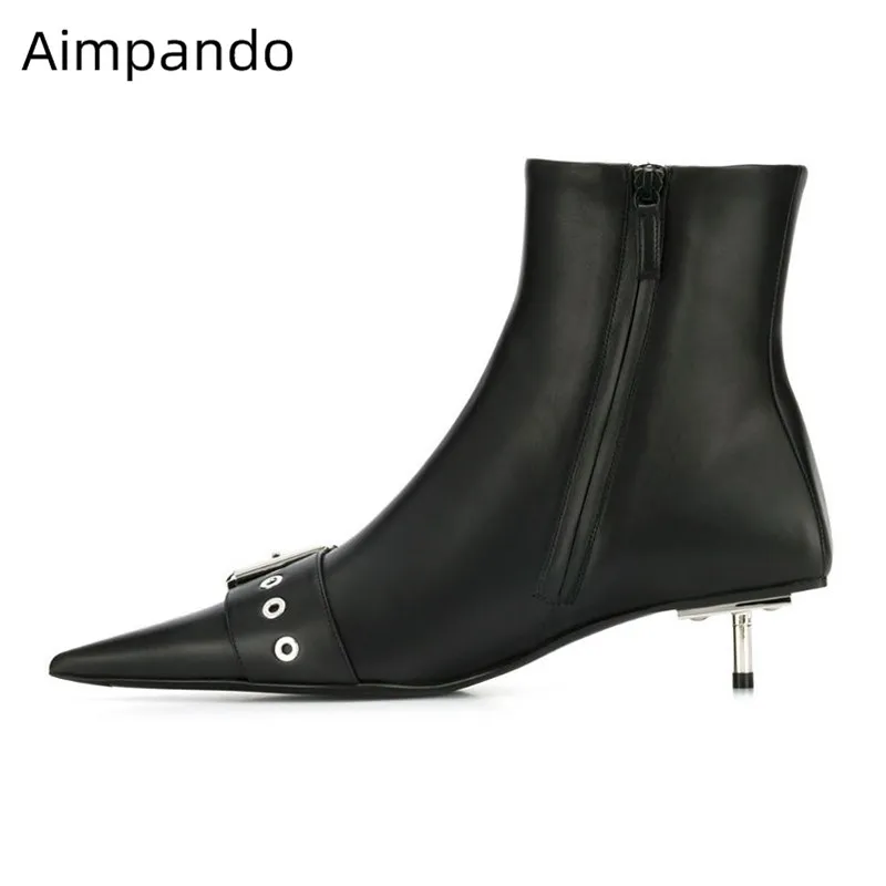 

Metal Thin Heel Ankle Boots Buckle Belt Short Botas Sexy Pointed Toe Kitten Heel Slim Boots Retro Autumn Short Botas Feminina