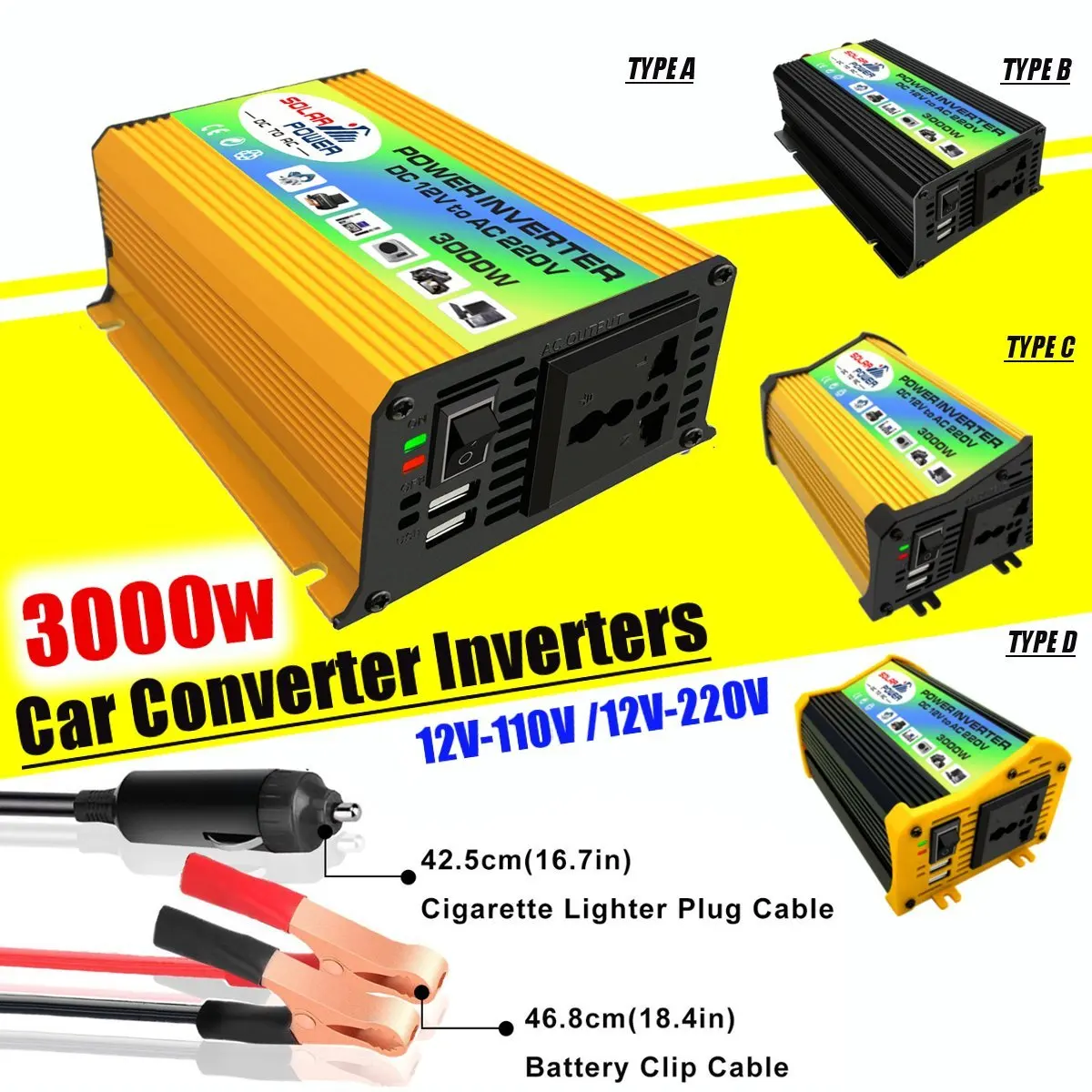 

Solar Inverter 3000W Voltage Transformer Converter DC 12V To AC 110V Car Inverter For Solar Inverter Home Appliances
