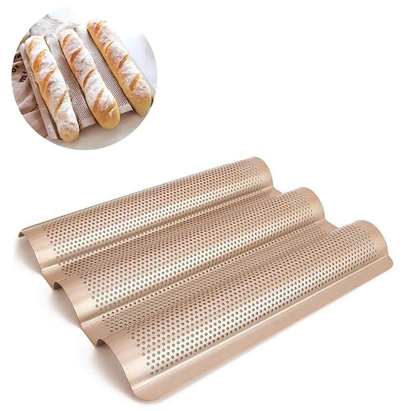 

3-Slot Non-Stick Golden Baguette Baking Tray Loaf Mould French Bread Pan Bake Tools