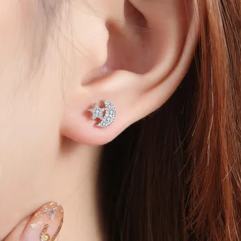 

Trendy Women 925 Sterling Silver Earrings For Girls Jewelry Charm Zircon Moon Star Stud Earring Female Accessories Princess Gift