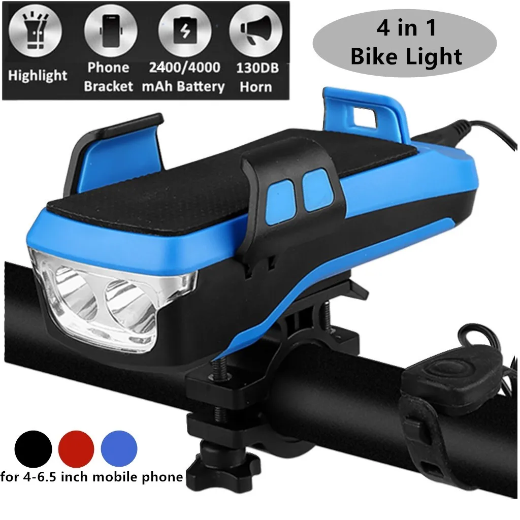 4 in 1 Multi-function Bike Light 2* T6 LED USB Rechargeable Bike Headlight Phone Holder Horn 4000mah Power Bank Bicycle Lamp