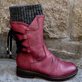 

Women Boots Winter Autumn Snow Boots Grey Girls Flat Heel Warm Booties Female Fashion Punk Knitting Red Mid-Calf Patchwork Shoes