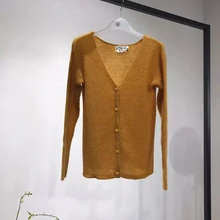 Женский свитер осень и зима простой сплошной цвет v-образный Вырез Свободный мохер вязаный кардиган