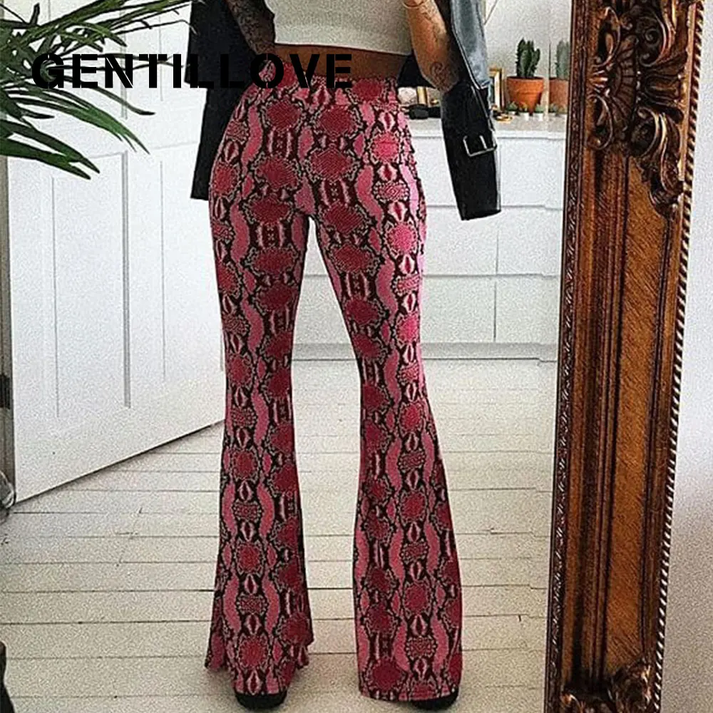 

Gentillove Women Snake Pattern Neon Green Piink Wide Leg Pants Sexy Flare Snakeskin Bottom Stretch High Waist Pants 2019 New