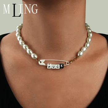 

MLING Vintage Beads Choker Necklace Fashion Paper Clip Letters Pearl Necklace for Women