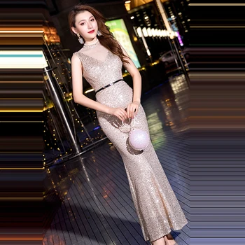 

Sexy Slim Formal Gowns Long Women Party Dresses K129 O-Neck Sleeveless Robe De Soiree Champagne Elegant Sequined Evening Dresses