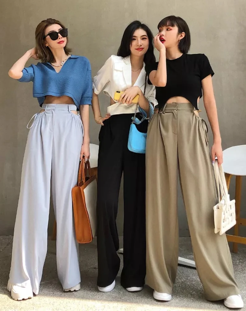 Wide leg pants women high waist hanging feeling summer thin loose show thin casual pants design hollow-out mop pants Wide leg pants women high waist hanging feeling summer thin loose show thin casual pants design hollow-out mop pants