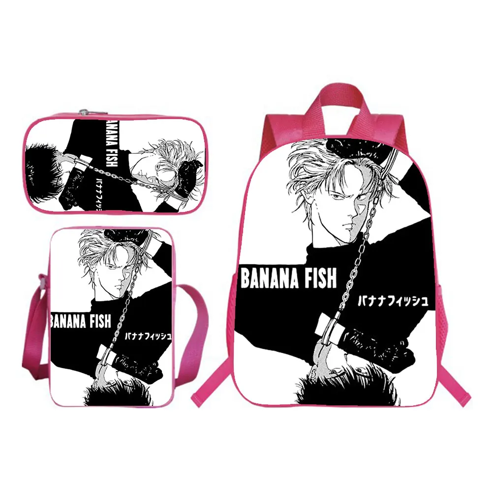 16 Inch Banana fish 3pcs Set Boys Girls School Bag Teens Bookbag Kids Rucksack Gift(backpack+shouder Bag+pen Bag)