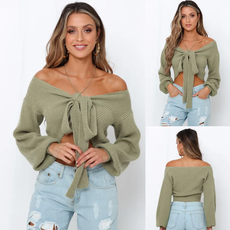 

Women's Fashion Solid Color Off Shoulder Crop Sweater
