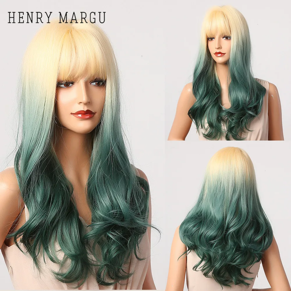 

HENRY MARGU Light Blonde Green Ombre Wigs with Bangs Cosplay Party Lolita Bob Wigs for Women Heat Resistant Synthetic Hair Wigs