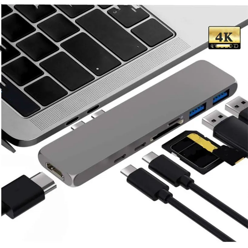 Adaptateur USB C pour MacBook Pro/Air, HDMI 4K@30Hz, Thunderbolt3, USBC, 2  USB 3.0, Micro SD/SD, 7 en 2 Double Type C pour MacBook avec 2023-2019