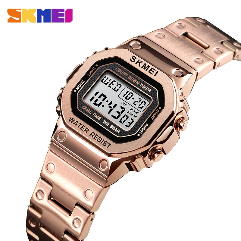 Online Reloj Digital de moda Retro SKMEI 30M impermeable multifunción reloj correa de acero inoxidable reloj digital mujer 1433 reloj