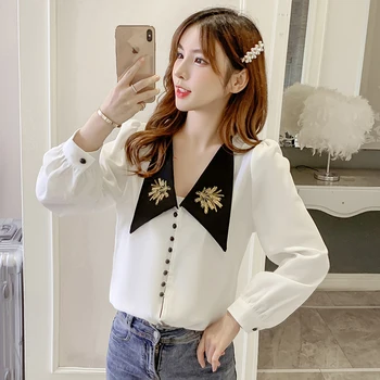 

COIGARSAM Fashion Full Sleeve Shirt Womens tops New Spring Vintage Embroidery Panelled Women shirts White 8053