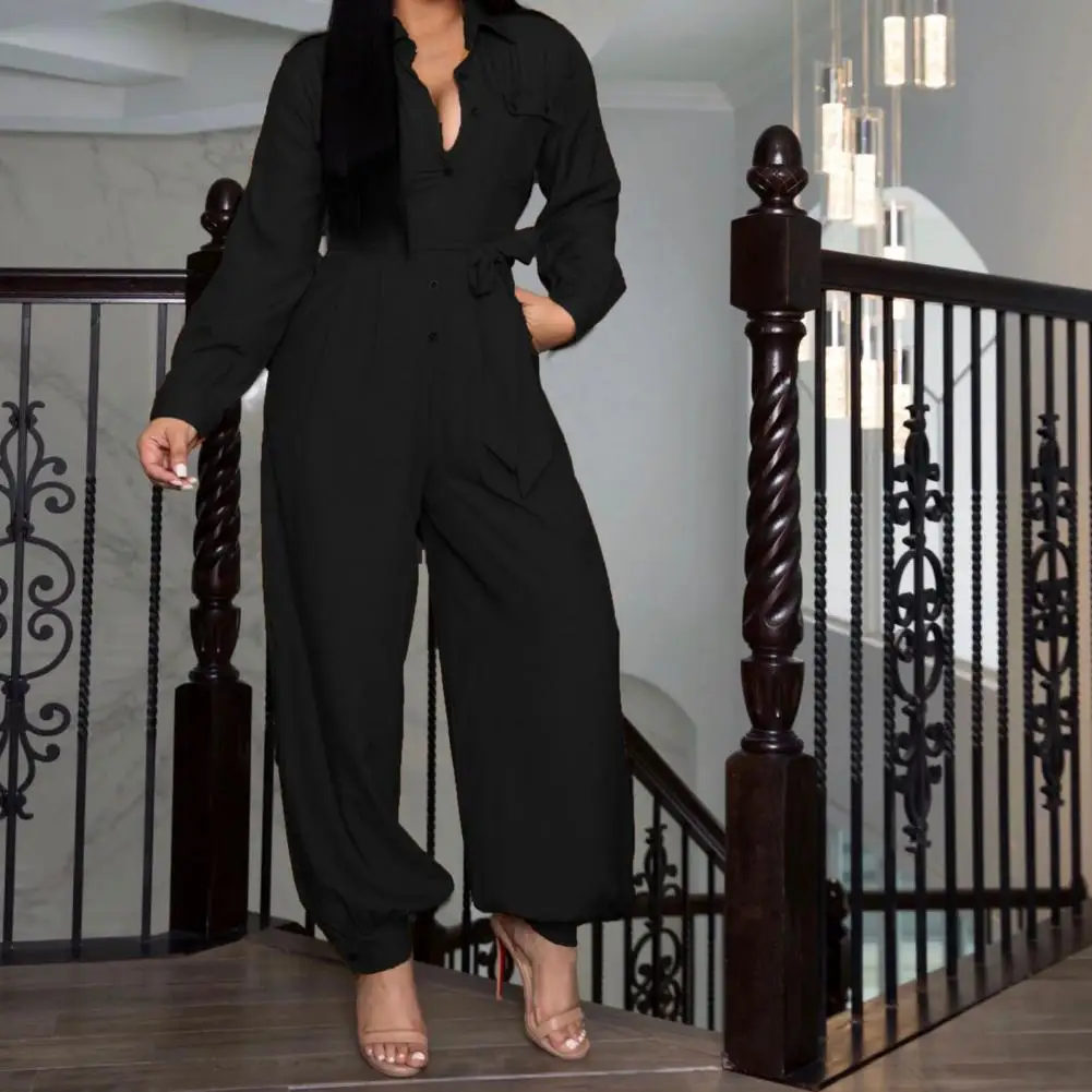 Temperament  Elegant Lapel Full Length Jumpsuit Autumn Women Jumpsuit Single Breasted   for Office