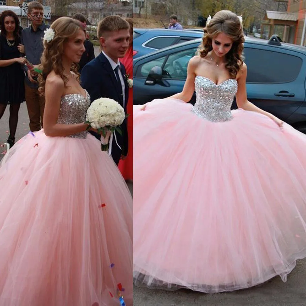 Sweet 16 Dress Pink Quinceanera Dresses Crystal Sequined Floor Length Corset Back Birthday Party Gowns vestido de debutante