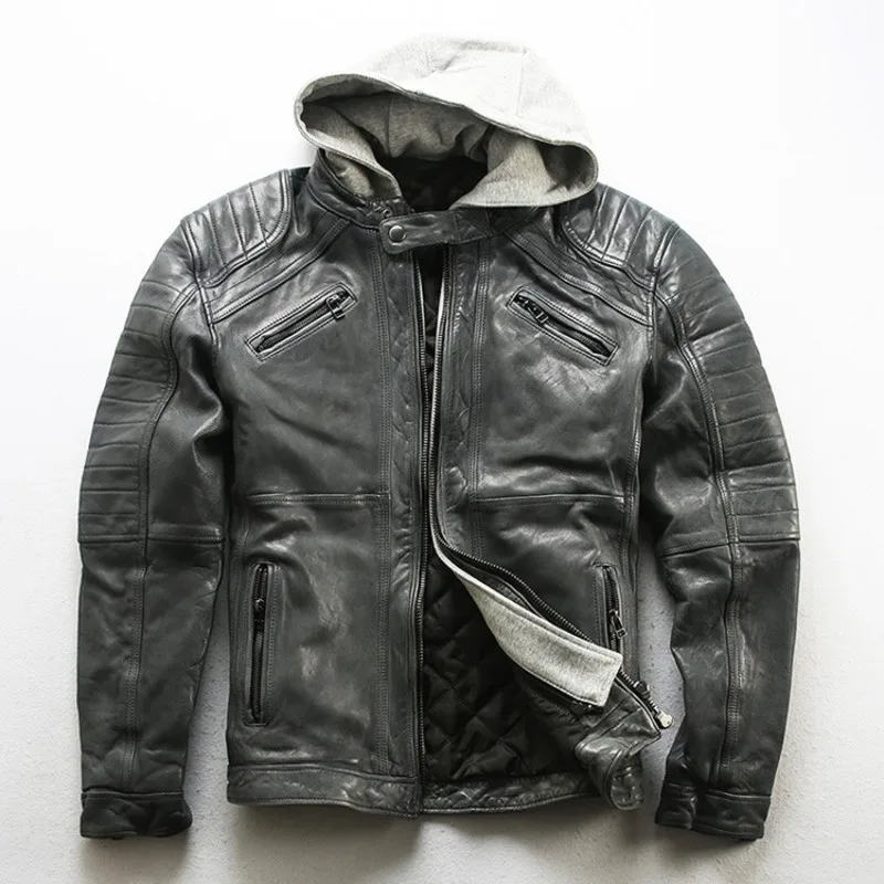 

Brand Sheepskin Biker Jacket Men Multi-pocket Zipper Casual Hooded Short Coat Autumn Winter Genuine Leather Jaqueta Masculina