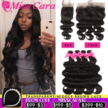 

Transparent Lace Frontal With Bundles Brazilian Body Wave Bundles With Frontal Miss Cara 100% Human Virgin Hair With Closure