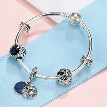 

Genuine 925 Sterling Silver Fashion Round Button With Star Charm Bracelet Fit Original Pan Charm Female Diy Jewelry