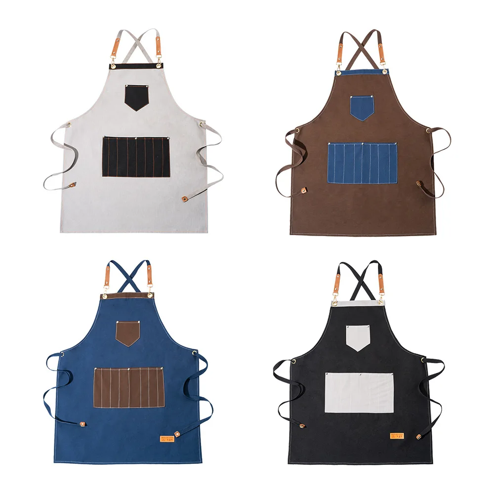 

Cowboy Apron Coffee Shop Overalls Korean Fashion Canvas Kitchen Apron for Restaurant Waiter Barista Tea Shop Barber