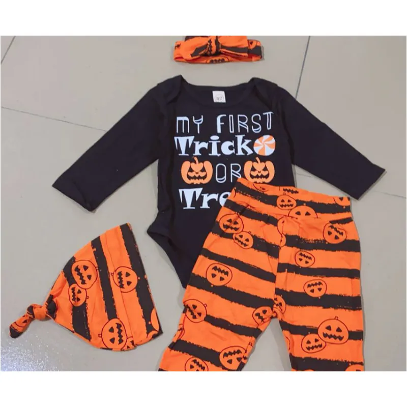 Halloween Infant Letter Printed Romper+ Trousers+ Bowknot Headband+ Hat 4Pcs Set Holiday Costume