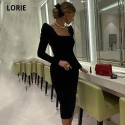 LORIE Arabic Evening Dresses Square Neck Long Sleeves Mermaid Velvet Tea Length Dubai Prom Wedding Party Gown abendkleider