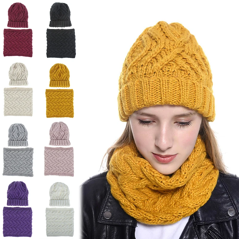 Women Two Pieces Set Winter Knitted Hat Cap And Women's Neck Scarves Warm Cute Fashion Solid Color Beanie Bib Scarves Bonnet Hat