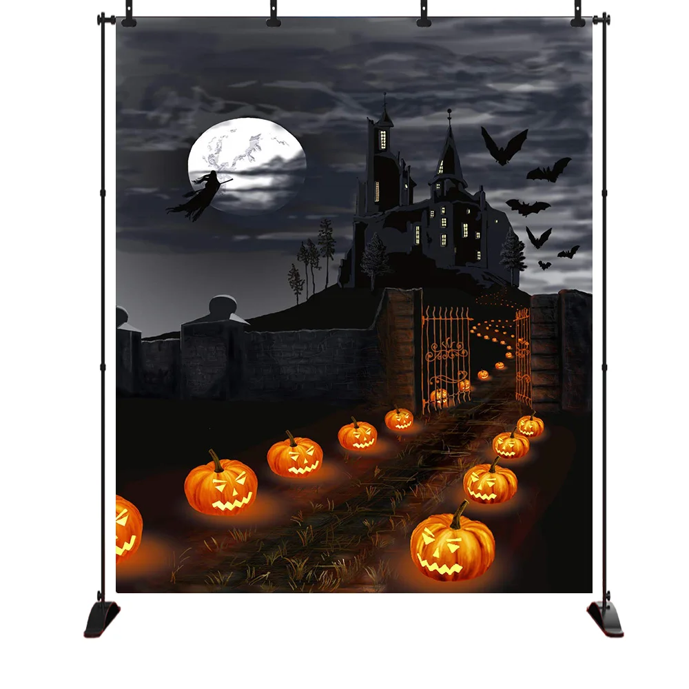 

Halloween Mysterious Castle Pumpkin Bat Full Moon Flying Witch Photography Backgrounds Photo Backdrops Photocall Photo Studio