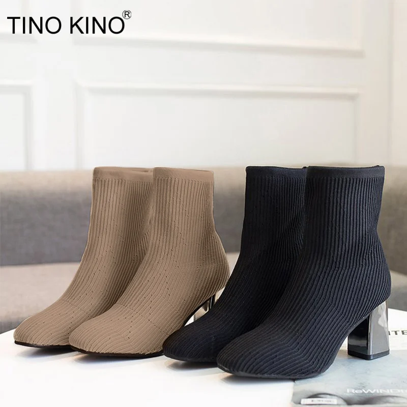 

Women Stretch Knitting Autumn Ankle Sock Boots Ladies Square Toe Woman Slip On Chunky High Heels Female Fashion Shoes