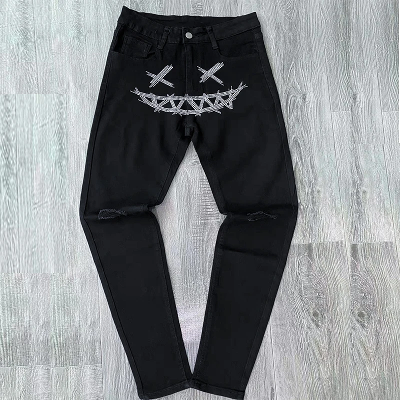 Man Black Ripped Stretchy Jeans High Quality Skinny Slim Fit Hot Drill Punk streetwear Biker Trousers Men's Denim Pencil Pants