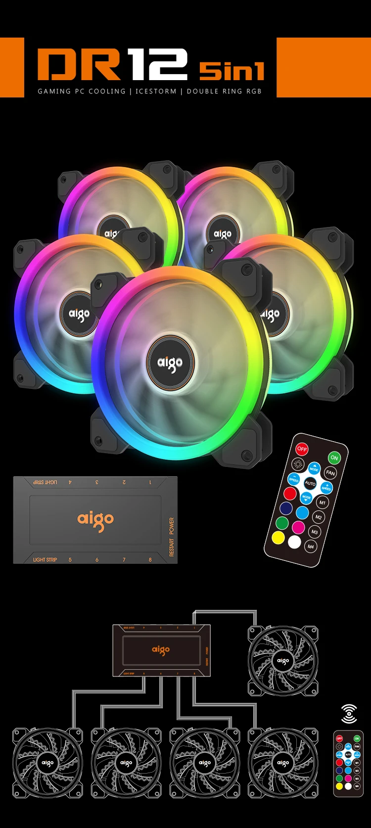 AIGO DR12 RGB контроллер случае вентилятор ИК-пульт Дистанционного Двойной rgb-кольцо охлаждения 120 мм контроллер беспроводной сменные ЦВЕТ