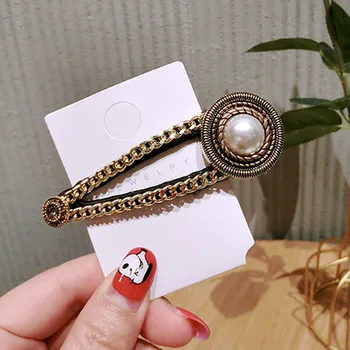 

South Korea INS Network Red Black Barrettes Vintage Baroque Palace Style Pearl Chain Side Clip Bang Clip BB Clip
