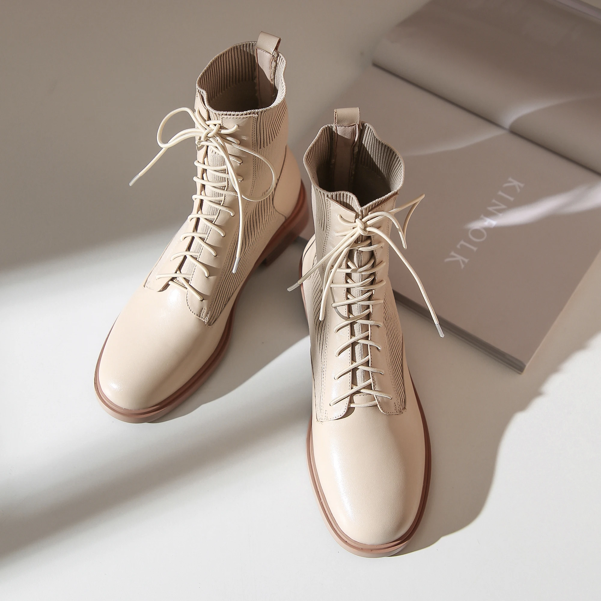krazing pot knitting patchwork cow leather stretch boots round toe med heels preppy style women fashion winter ankle boots L00