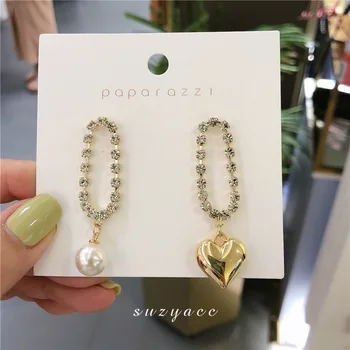 

Elegant Asymmetry Love Heart Pearl Crystal 100% 925 Sterling Silver Ladies Tassel Stud Earrings Jewelry Girlfriend Birthday Gift