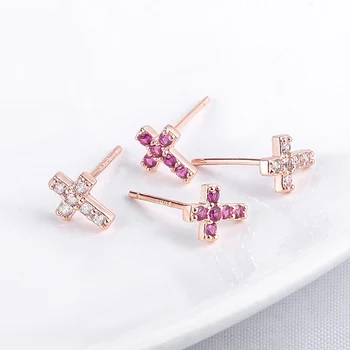 

Girl cherry red S925 sterling silver small cross earrings simple zircon earrings women wedding statement jewelry