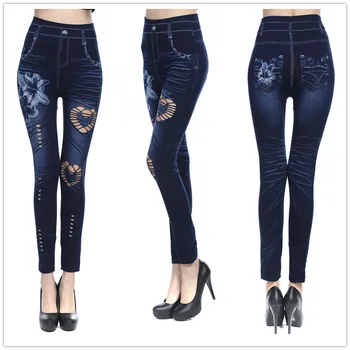 

Women Floral Print Jeans Denim High Waist Jeans Pencil Pants Hole Woman Pockets Full Length Zipper Fly Skinny Streetwear Style
