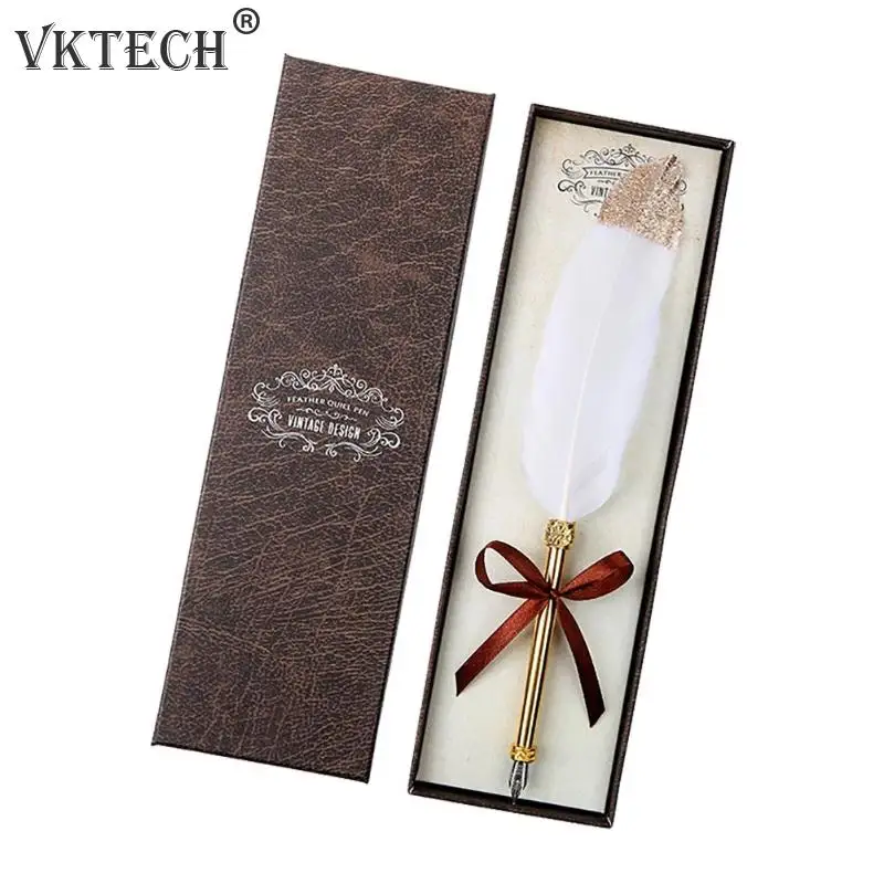 Retro White Feather Dip Pen Business Signature Pens with Gift Box Stationery for Children Teachers Wedding Birthday Party Favors | Дом и сад