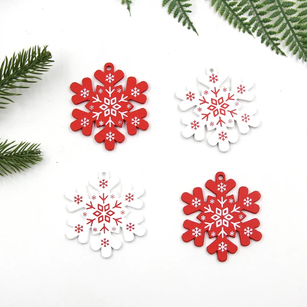 Mix Snowflake 12 шт./Партия DIY напечатанные белые и красные рождественские деревянные подвески, украшения, детские рождественские подарки, рождественские елки, украшения, принадлежности для украшения - Цвет: Mix Snowflake