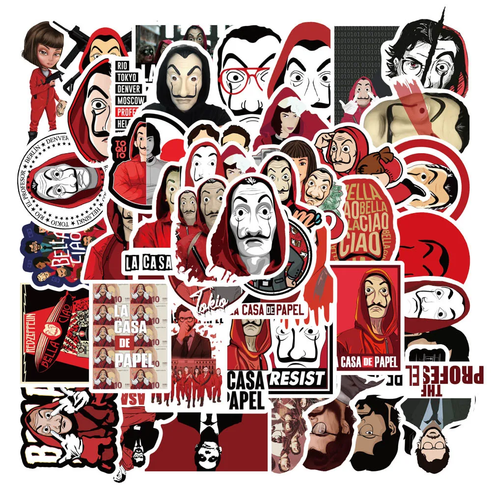 

50PCS TV Show Money Heist La Casa De Papel Stickers DIY Skateboard Fridge Guitar Motorcycle Laptop Luggage Cool Kid Toy Stickers