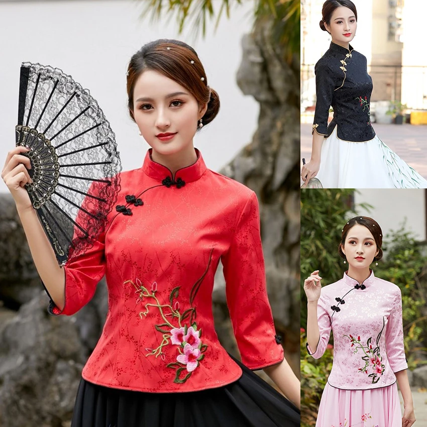 Women Qipao Dresses Chinese Cheongsam Top Linen Skirt Vintage Floral Embroidery Tang Suits Plus Size Blouse Female