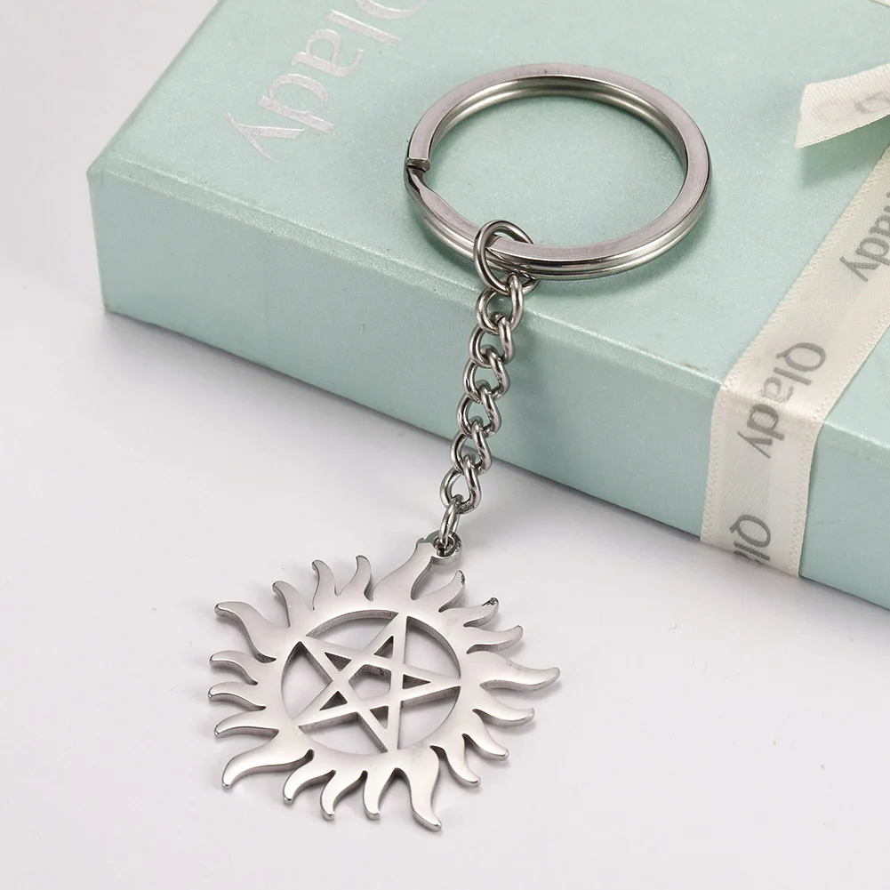 Shinning Sun Pentagram Charm Car Keychain Supernatural Dean Stainless Steel Key Chains Key-ring Holder Pendant for Bag