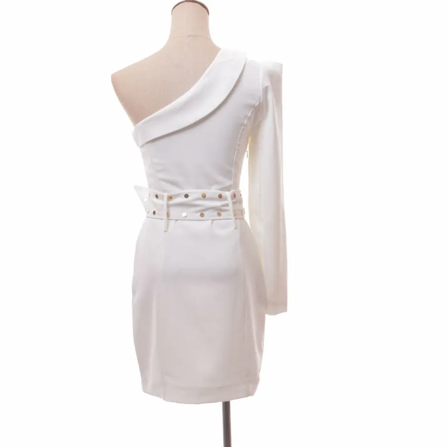 New Arrival Women White Dress Long Sleeve One Shoulder Blazer Dress Women Rivet Pattern Casual Fashion Dresses Vestidos