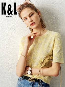 

K&L kylen studio Two-color jacquard short-sleeved knitted top women 2020 summer new French vintage round neck knitted T-shirt