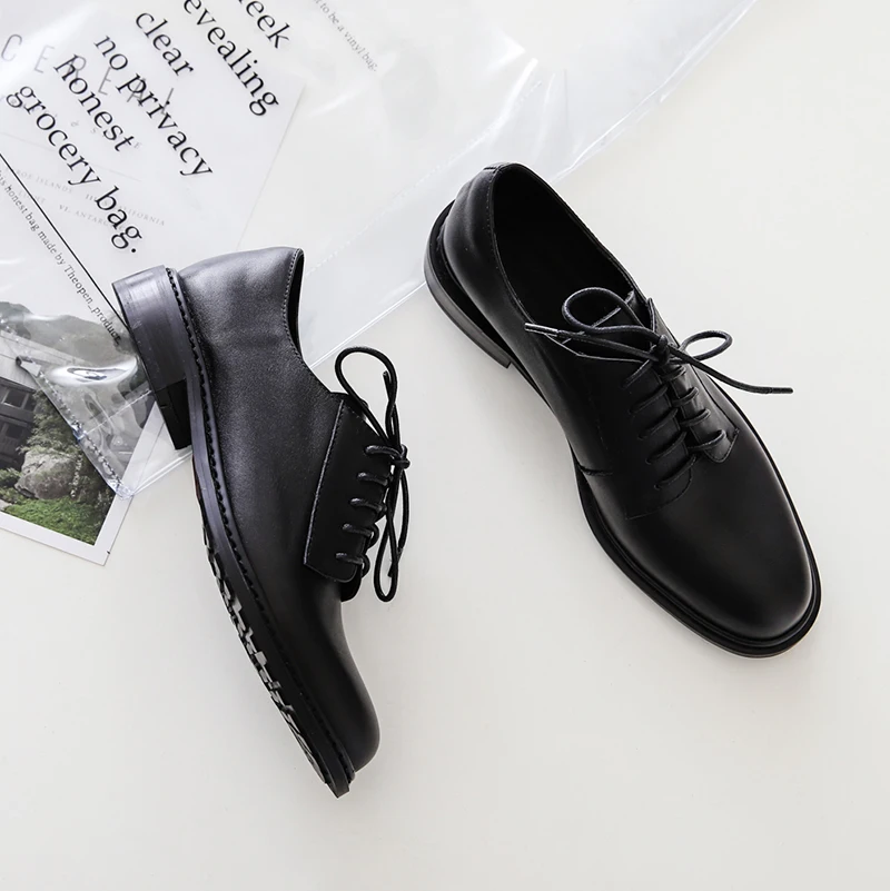 women oxford spring shoes for woman genuine leather summer brogues vintage laces loafers casual sneakers shoes - Цвет: Черный