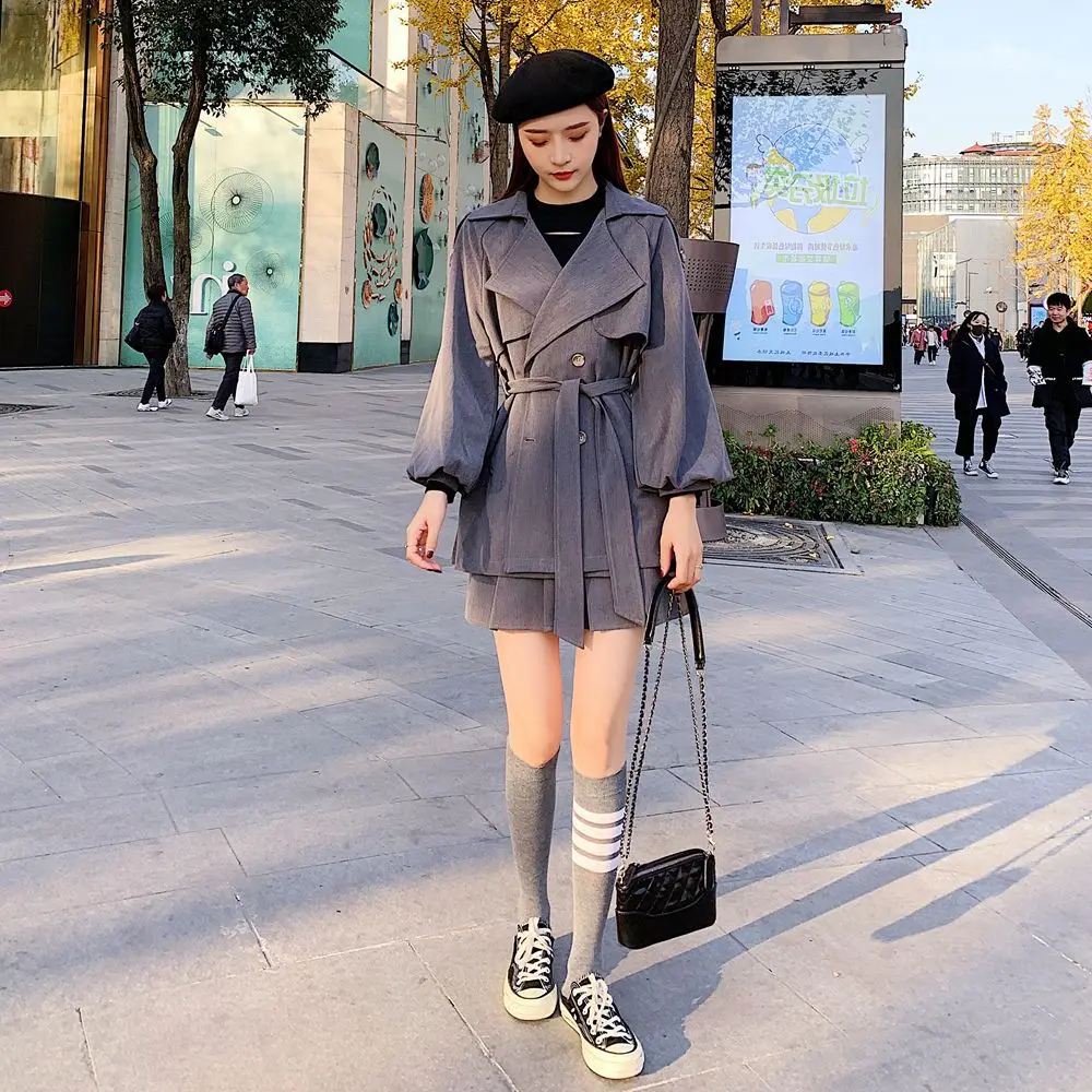 

Photo Shoot Korean-style Fashionable Two-Piece Set 2020 Spring New Style WOMEN'S Dress Lantern Sleeve Waist Hugging Coat + Pleat