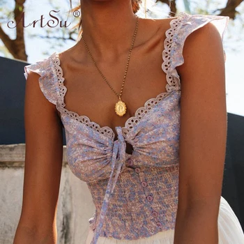 

ArtSu Lace Crochet Patchwork Ruffles Elegant Summer Floral Print Crop Top White Sexy Lace Up Tops Women Casual Tank Top 2020
