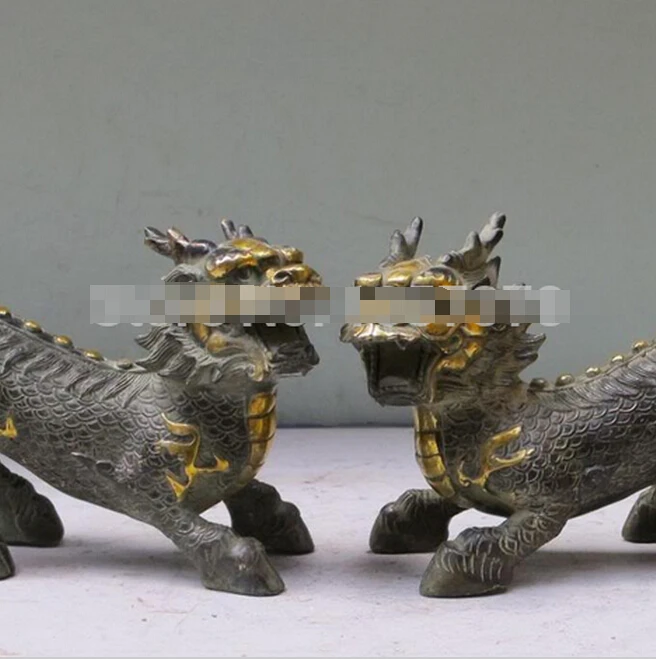 908+++ " Китайская народная бронзовая позолоченная статуя fengshui Dragon Qi Lin Kirin Kylin