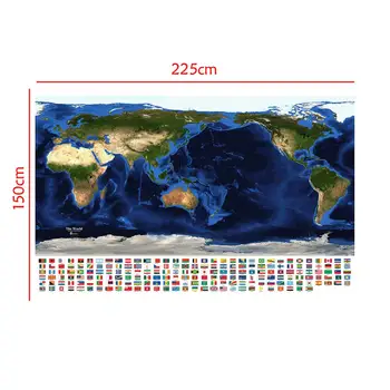 

150x225cm Aerial View Of Satellite Map The World Topography And Bathymetry Map With National Flags For Geographic Research
