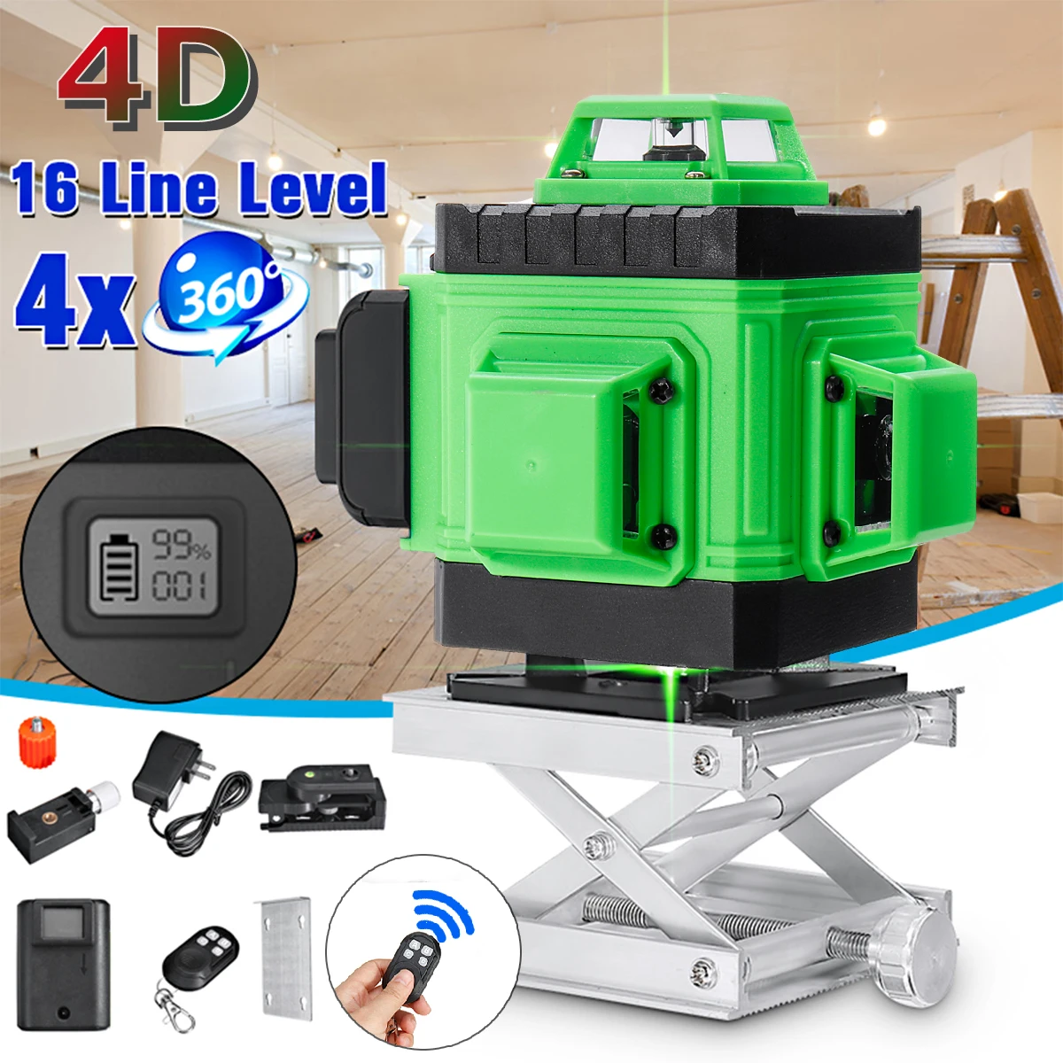 

4D Laser Level 16 Green Lines Self-Leveling 360 Horizontal And Vertical Cross High Accuracy Outdoor Powerful Laser Beam Line